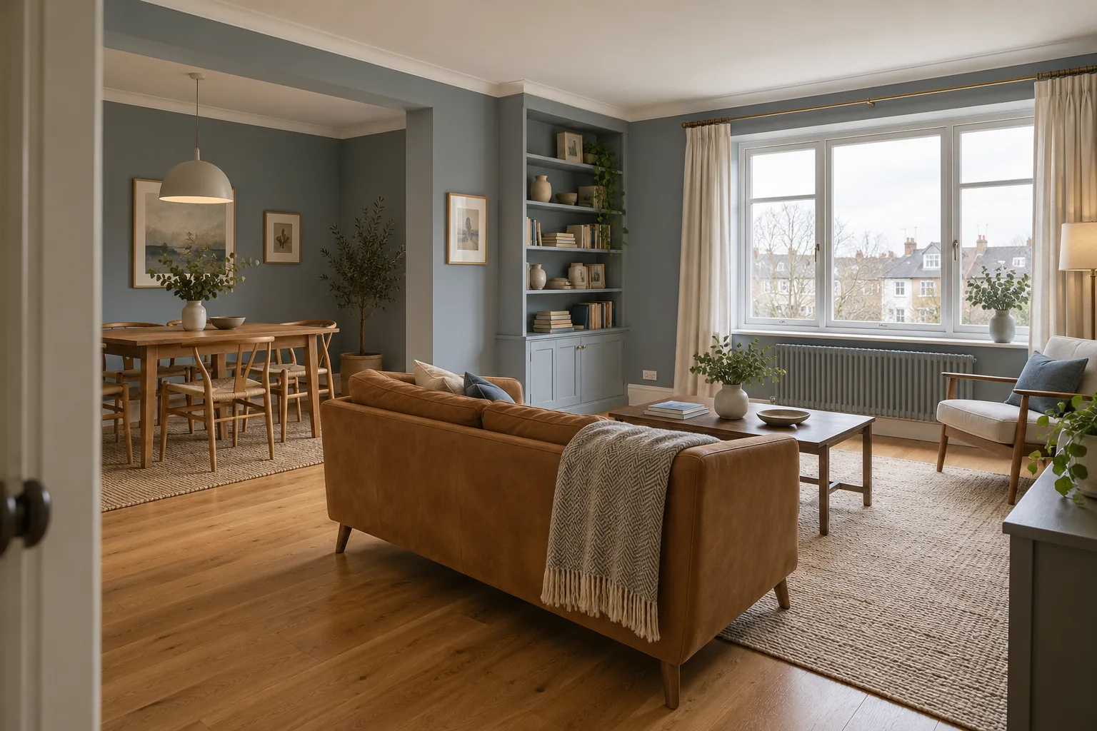 Apartment living space with soft blue-grey walls and a dining alcove