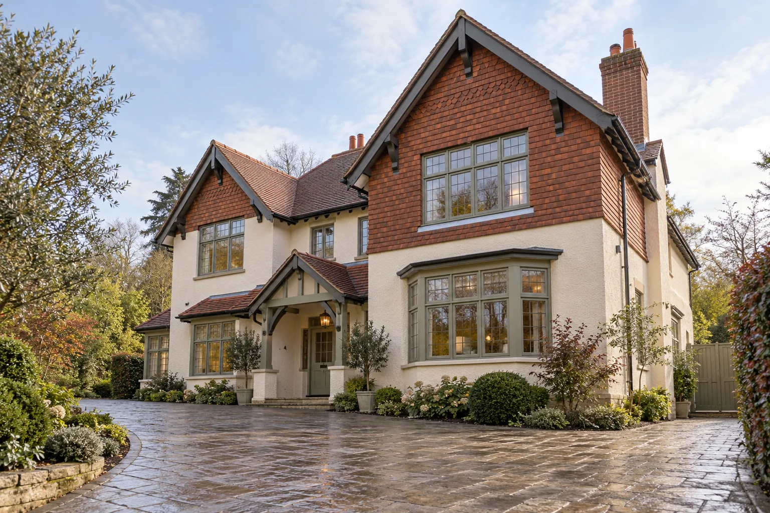 Large Arts and Crafts house with tiled gables, cream render and timber casement windows