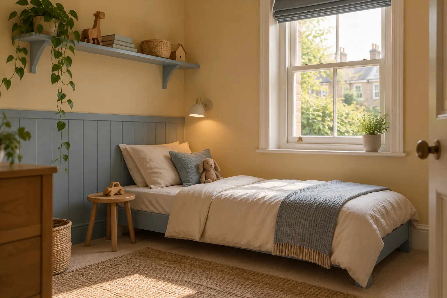 Child’s bedroom with muted ochre walls, a low bed and painted shelves