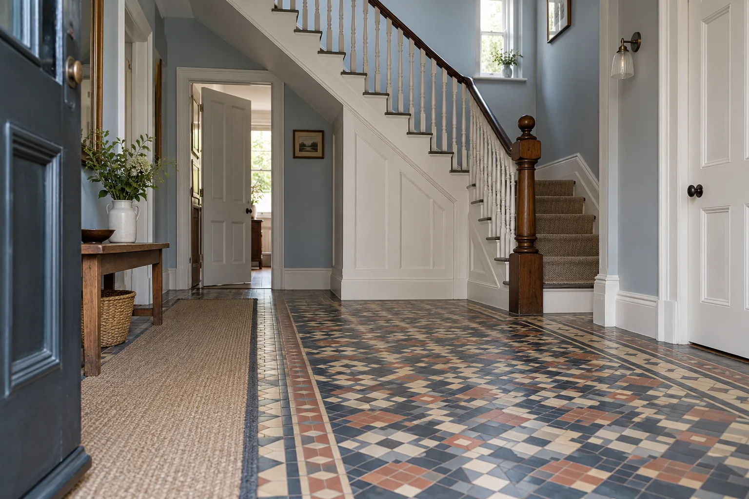 Period hallway with geometric floor tiles and painted stair spindles
