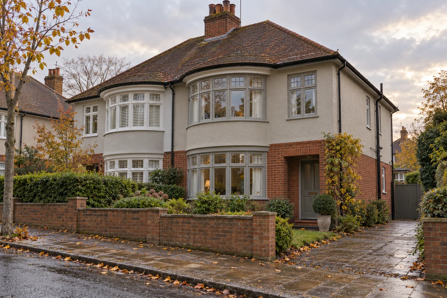 Interwar house with a hipped tiled roof, curved bay and painted upper render