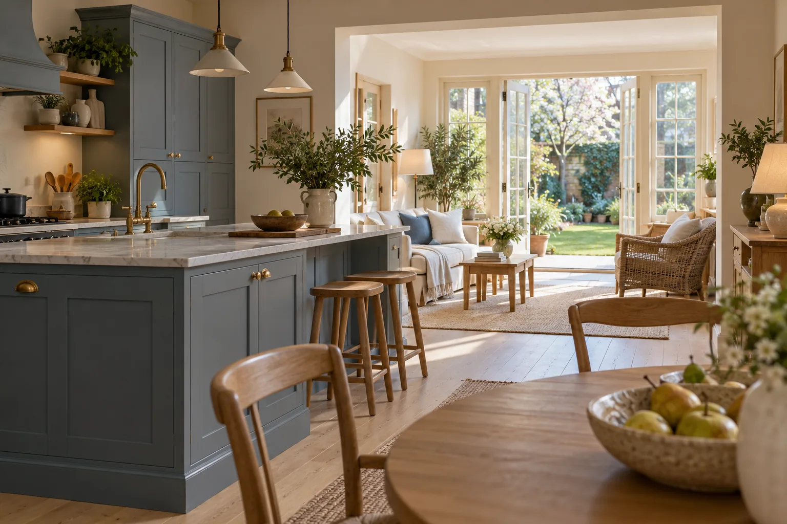 Kitchen opening into a garden room with painted joinery and glazed doors