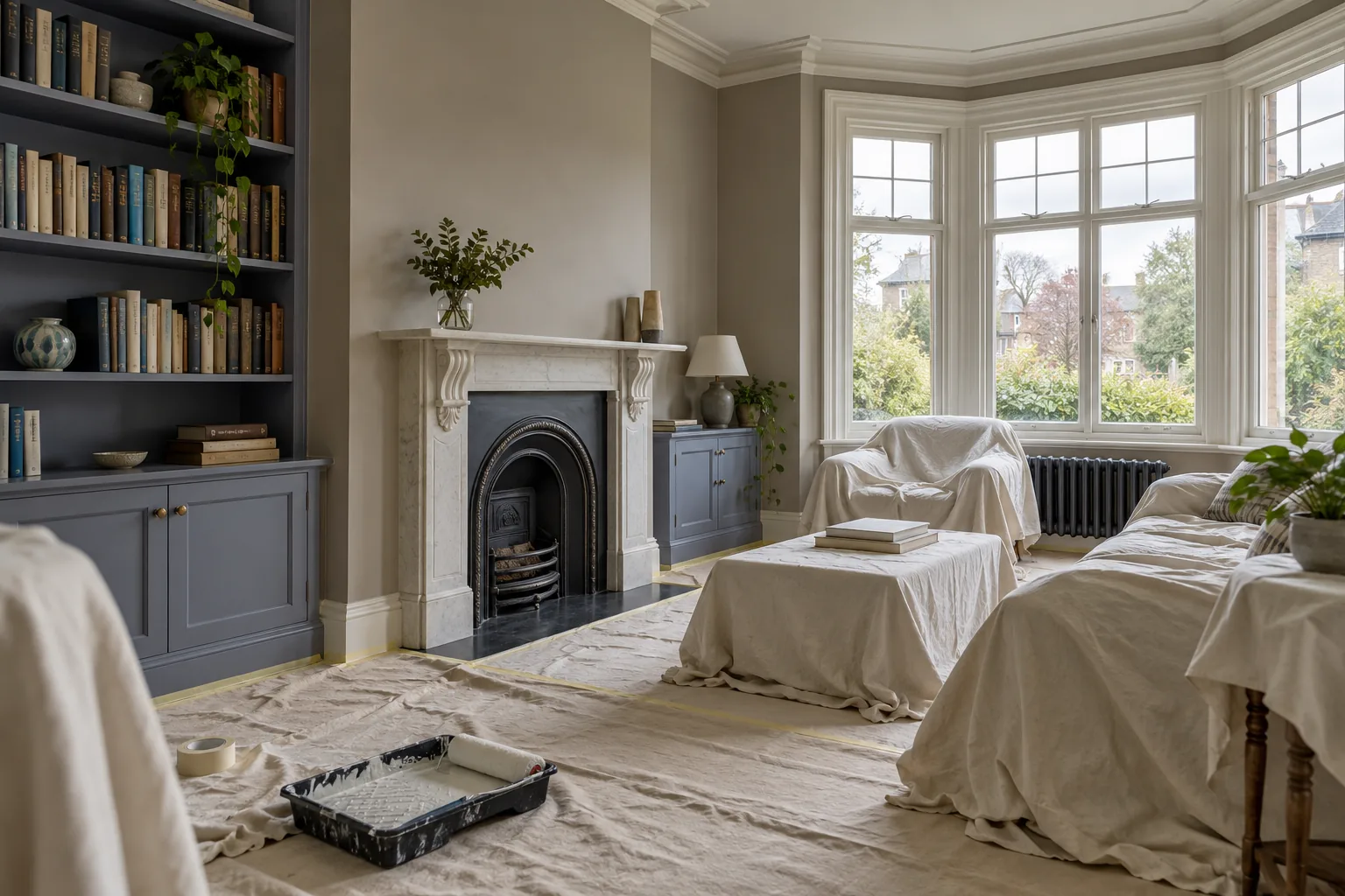 Family sitting room with warm painted walls and furniture protected during redecoration