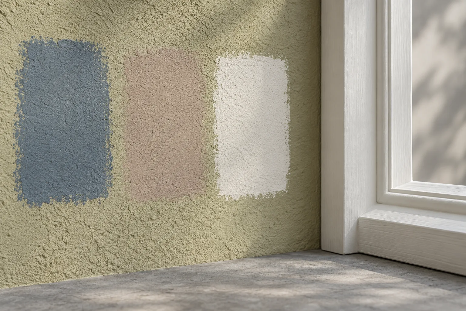Painted timber, render and colour samples in slate blue, clay and warm white