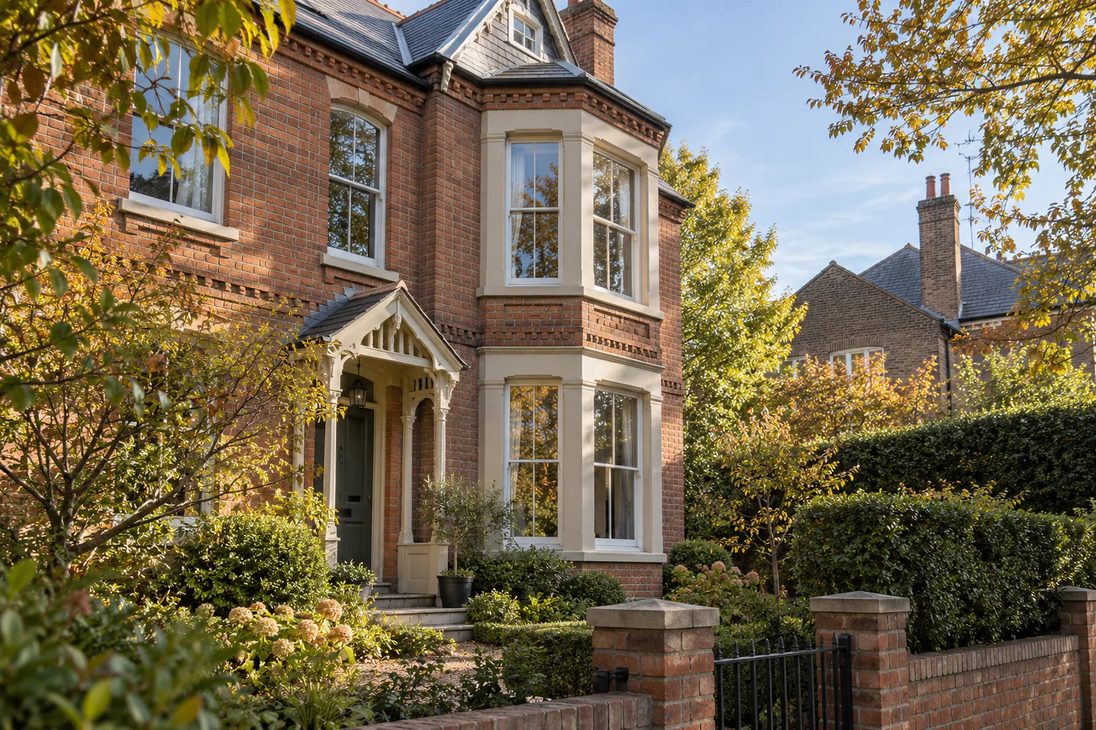 Victorian villa with pale painted bay windows and a slate roof