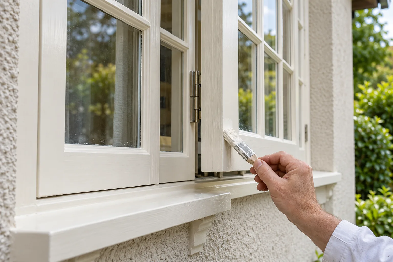 Timber casement window with a freshly painted frame and protected glass
